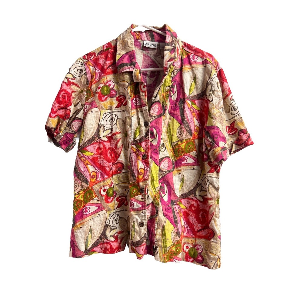 CHICO'S Sz 2 (L) 100% Linen Short Sl. Button Up Camp Shirt